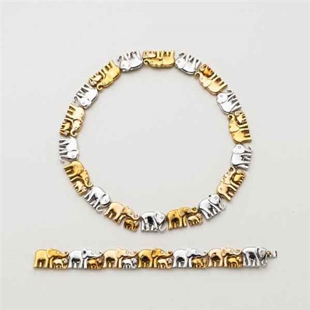 LORIS ABATE Demi-parure collier e bracciale a guisa di elefanti in oro...