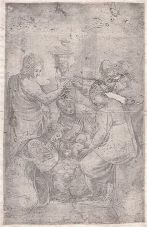 Andrea Meldolla, detto Schiavone (1510 ca. - 1563) 
Il Bambino Gesù nella culla con santi 
 