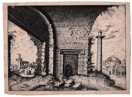 Johannes van Doetecum I (1551 fl. - 1605) 
Veduta delle rovine con la base di un arco e una colonna a destra, da Hieronymus Cock? 
 