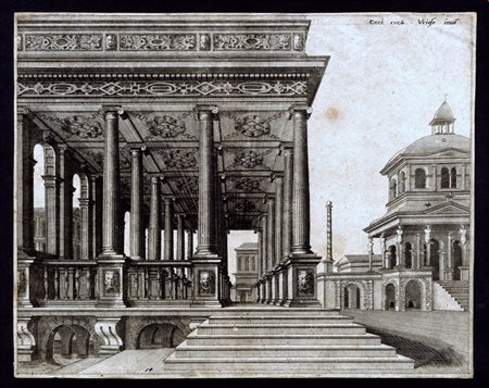 Johannes van Doetecum I (1551 fl. - 1605) 
Una sala con colonne ioniche, da Hans Vredeman de Vries 
 