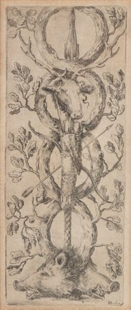 Stefano della Bella (Firenze, 1610 - 1664) 
Pannello ornamentale con due teste di cinghiale, dalla serie "Ornamenti o grottesche" 
 
