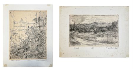 Luigi Bartolini "Il ponte" e "Altana romana" 
due acqueforti stampate su fondo O