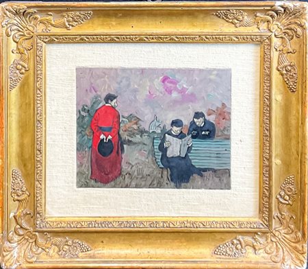 Nino Caffè "Preti nella panchina" 1973
olio su tela
cm 19x24
firmato e datato al