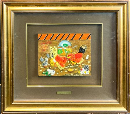 Bassorilievo in metallo dorato raffigurante "Lotta dei galli" di Antonio Ligabu