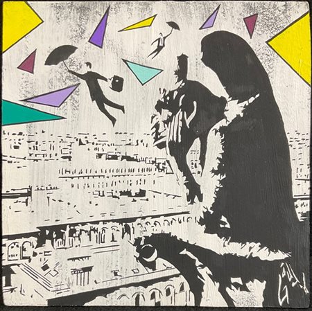 Alessandro Di Vicino Gaudio "Flying over Paris" 
acrilico su mdf
cm 25x25
titola