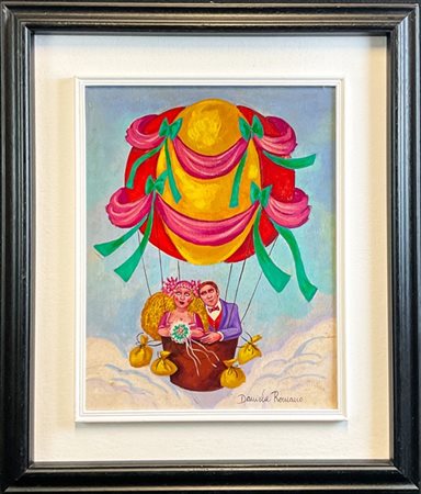 Daniela Romano "Sposi in mongolfiera" 
olio su tela
cm 44,5x34
firmato in basso