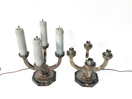 Coppia di candelabri Art Déco a quattro luci montati a lampada in ottone argent