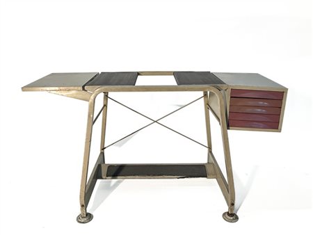 Olivetti Synthesis Scrivania da dattilografa. Metallo laccato grigio e gomma. (c