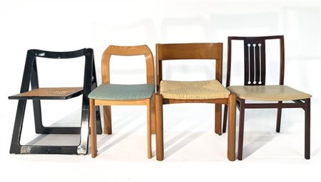 Quattro diverse sedie in legno di cui una di Aldo Jacober e Pierangela D'Aniell