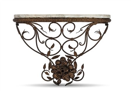 Console a goccia in ferro battuto, traforato, volute fogliate e piano in marmo