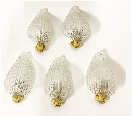 Cinque applique a in vetro soffiato cristallo a forma di foglia. Murano, secolo