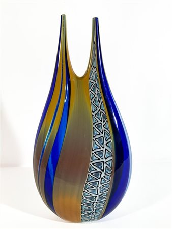 Manifattura di Murano Grande vaso a due bocche in vetro soffiato a canne blu tra