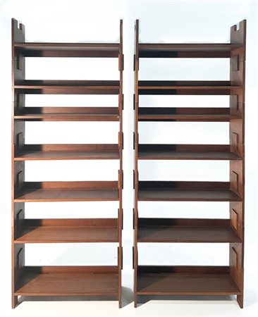 Coppia di librerie componibili in legno impiallacciato (14 moduli). Italia, ann