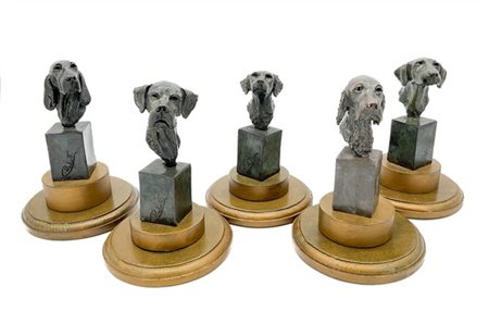 Cesare Rabitti Gruppo di cinque multipli in bronzo raffiguranti musi canini pogg