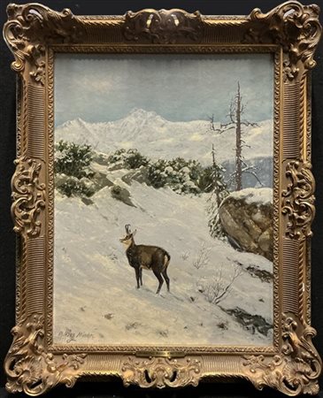 Christian Haug "Capriolo entro paesaggio innevato" 
olio su tela (cm 95x60)
firm