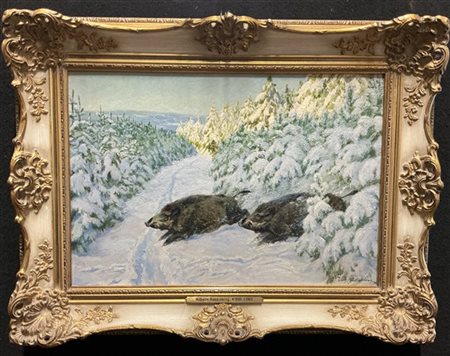 Wilhelm Buddenberg "Cinghiali in fuga entro paesaggio innevato" 
olio su compens