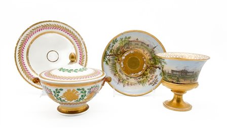 Manifatture diverse, secolo XIX. Lotto composto da una tazza con piatto in porc