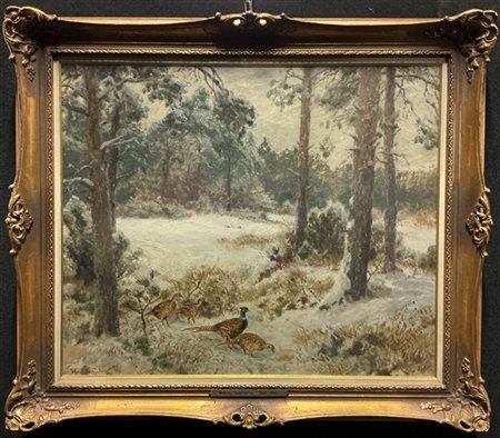 Wilhelm Buddenberg "Fagiani nella neve" 
olio su masonite (cm 48x58)
firmato in