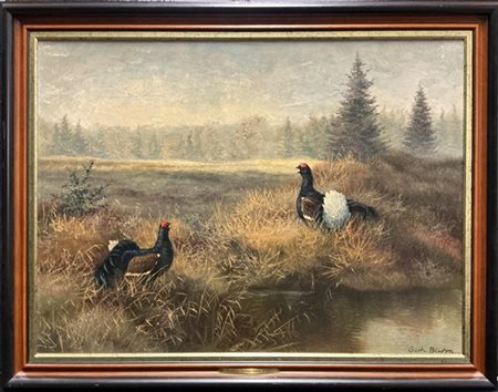 Gerhard Bluhm "Galli cedroni" 
olio su compensato (cm 60x80)
firmato in basso a