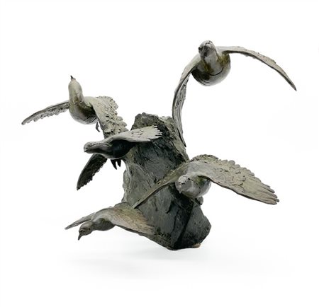 Cesare Rabitti "Pernici in volo" 
multiplo in bronzo (cm 31x48x35) 
firmato, tim