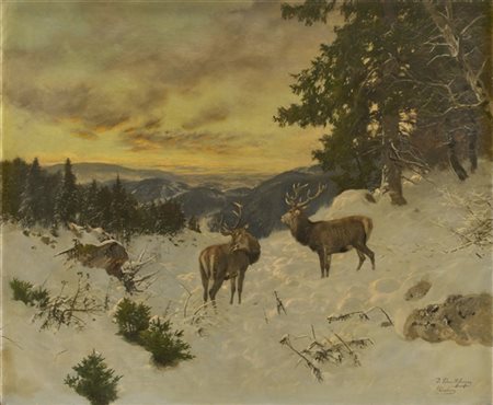 Josef Schmitzberger "Cervi al tramonto entro paesaggio innevato" Monaco
olio su