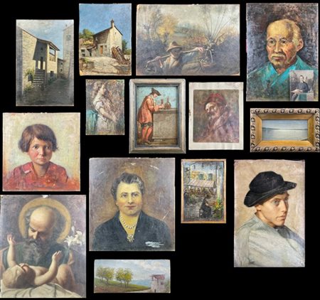 Cartone contenente numerosi dipinti di autori, soggetti, tecniche e dimensioni