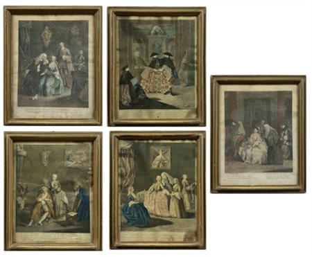 Da Pietro Longhi, autori vari, secolo XVIII. Gruppo di cinque incisioni all'acq