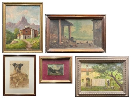 Lotto composto da quattro diversi dipinti raffiguranti paesaggi su supporti dif