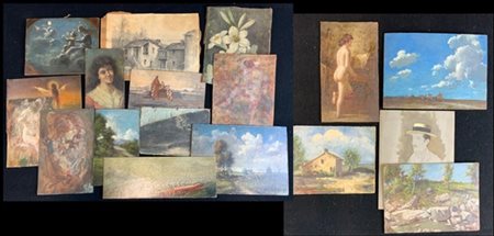 Lotto composto da numerosi dipinti e tecniche miste su diversi supporti, di div