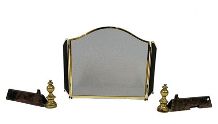 Set da camino in ferro e ottone composto da coppia di alari (l cm 36) e parasci