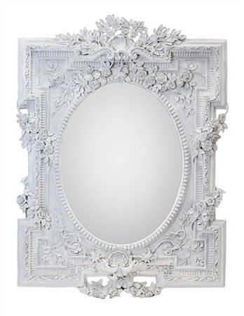 Specchiera con cornice sagomata in legno e pastiglia verniciata bianco e decora