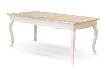 Tavolo in legno laccato bianco con gambe e profili mossi, piano rettangolare in