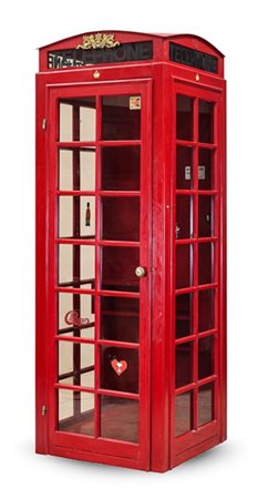 Riproduzione di cabina telefonica inglese in legno laccato rosso ad un'anta fro