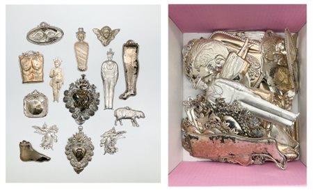 Gruppo di numerosi ex voto in metallo argentato "Per Grazia Ricevuta" di divers