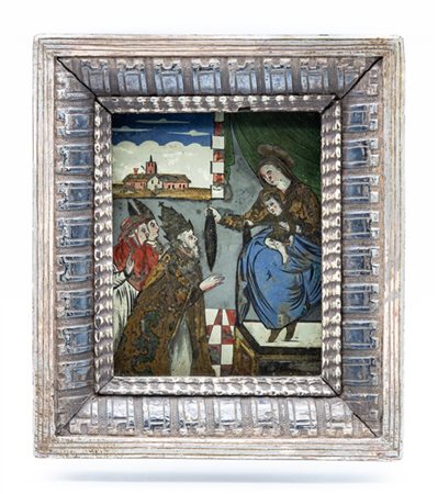 Antico verre peint con sacra conversazione della Vergine col Bambino e un Papa