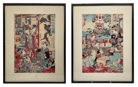 Lotto di due Nishiki-e, stampe xilografiche policrome su carta, appartenenti al