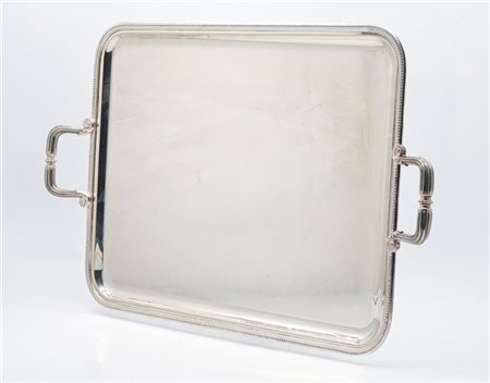 Christofle Vassoio biansato in metallo argentato a profilo perlinato e anse scan