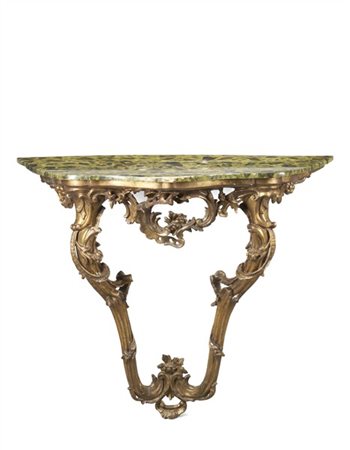 Console in legno intagliato, traforato e dorato, piano sagomato dipinto a finto