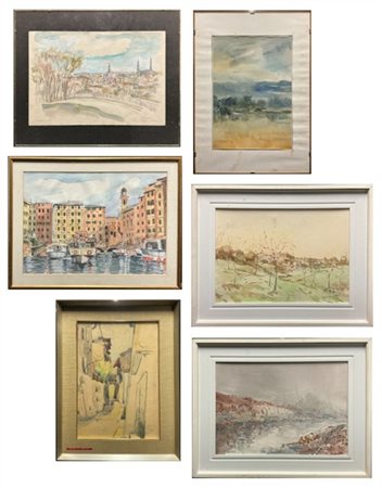 Lotto composto da sei tecniche miste su carta raffiguranti paesaggi e scorci di