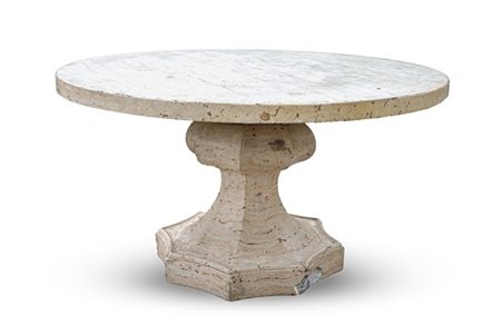 Tavolo in travertino con piano circolare e sostegno costolato rivestito in trav