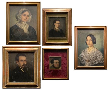 Scuola del secolo XIX, Lotto coposto da cinque ritratti di diversi autori e mis