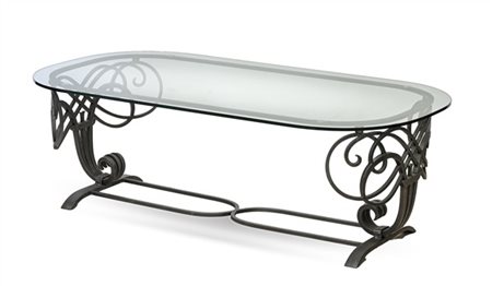 Tavolo da salotto in ferro forgiato con piano in vetro ovale (cm 132x44,5x79) (