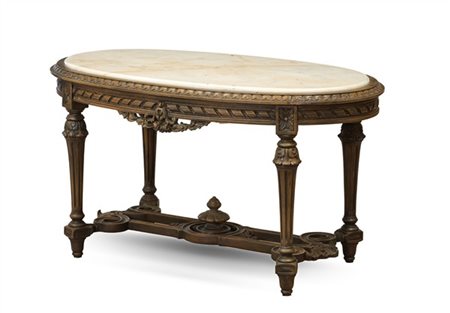 Tavolino da salotto in legno intagliato con piano incassato in marmo ovale, fas