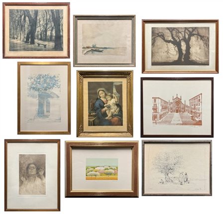 Lotto di nove stampe di diversi autori, soggetti e misure (cm max 50x65) 
in co