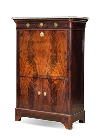 Secretaire lastronato in mogano e piuma di mogano, fronte a due ante, cassetto