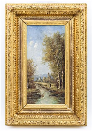 Scuola del secolo XIX

"Scorcio fluviale con figura" 
olio su tela (cm 36x18)
f