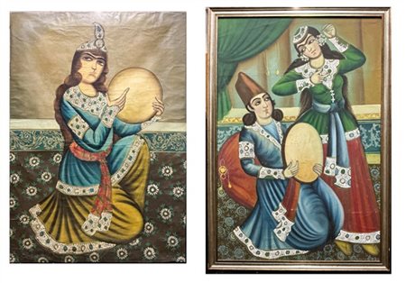 Arte persiana, secolo XX. Due olii su tela raffiguranti scene popolari di music