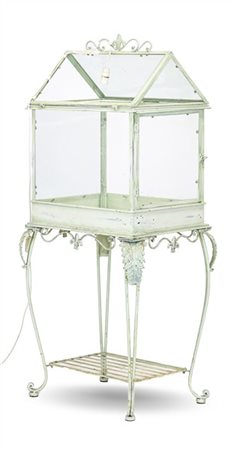 Vetrinetta in metallo smaltato bianco e vetro, gambe mosse riunite da pianetto,