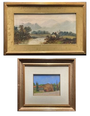Lotto composto da due "Paesaggi" ad olio su diversi supporti, di diversi autori