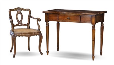 Lotto composto da scrittoio con cassetto sul fronte e gambe tornite (cm 99x78x5